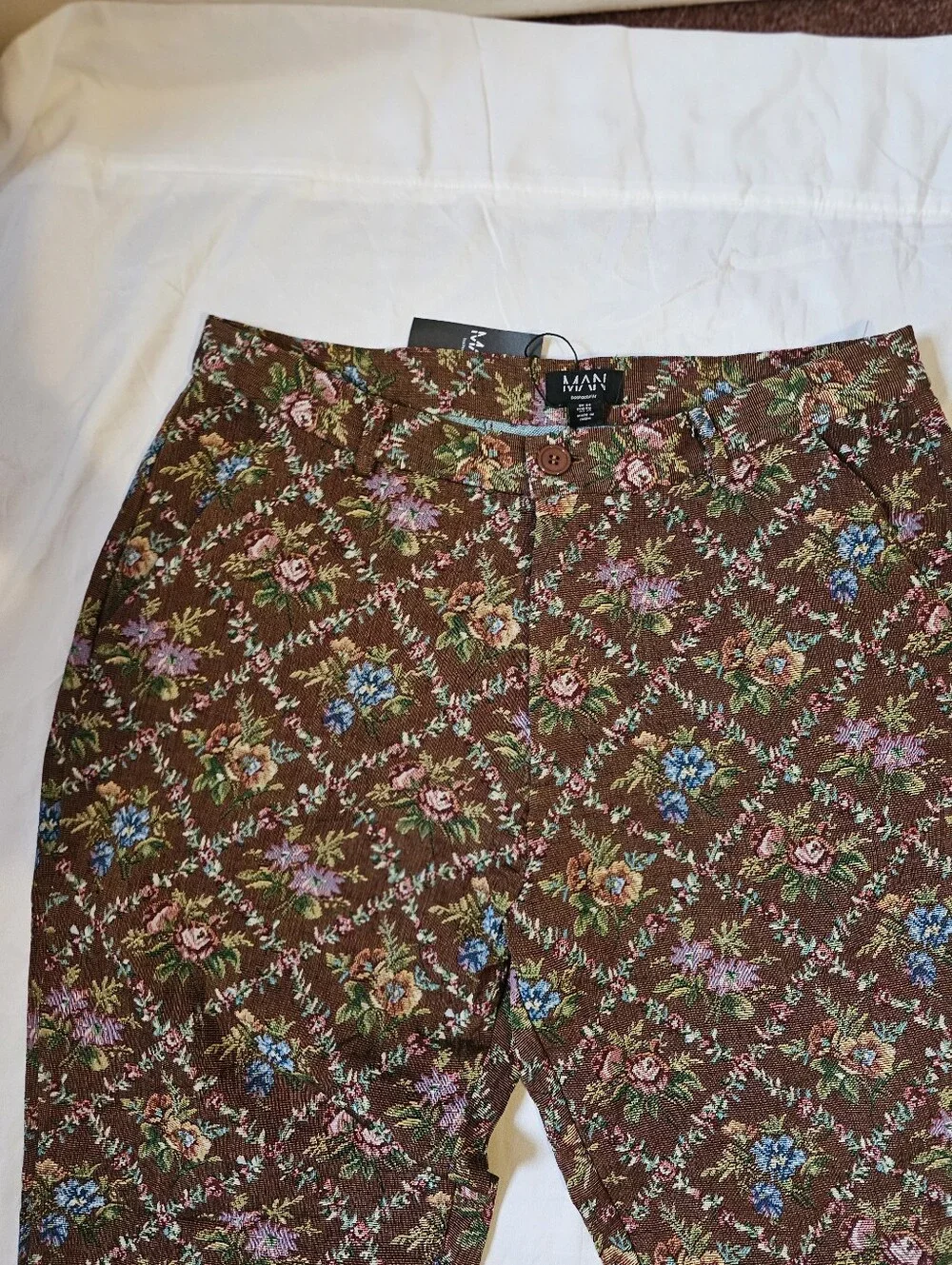 boohooMAN Men’s Floral Tapestry Trousers Chocolate Brown Size 34 NWT